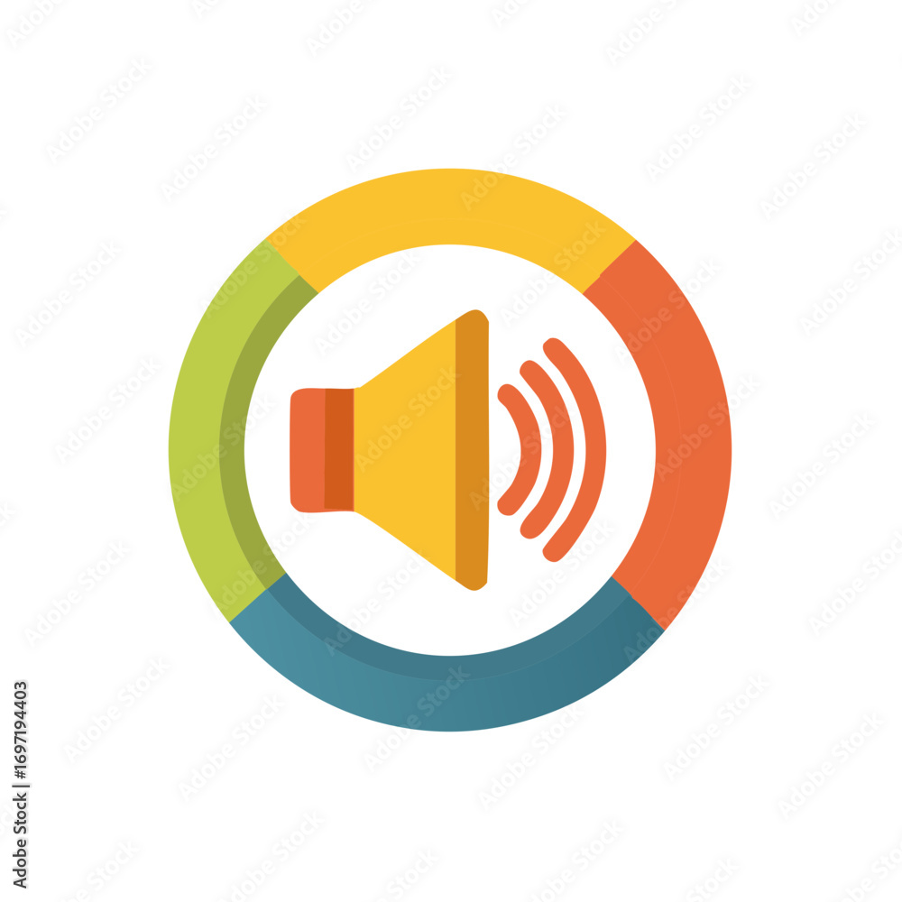 Aufkleber colorful speaker icon inside a circular design element with segmented parts and audio waves.