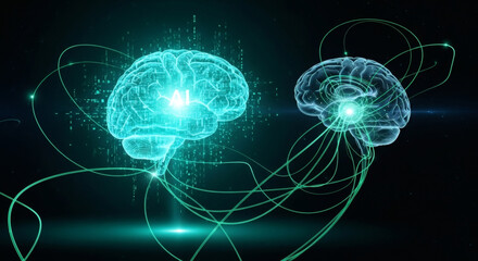 Two glowing, transparent human brains are interconnected by glowing green neural pathways and digital data streams against a dark background, symbolizing thought and connection.