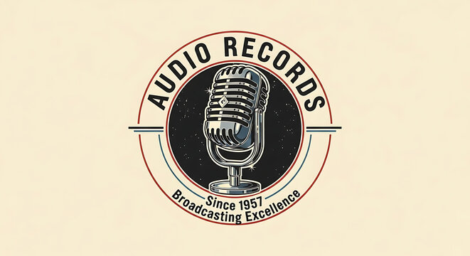 Vintage microphone in a circular logo celebrating audio broadcasting excellence