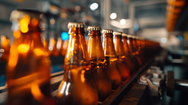 Garrafas de cerveja em uma linha de produ&ccedil;&atilde;o