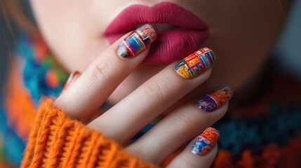 Woman's hand with beautifully manicured nails featuring a bold, colorful abstract design, matching her rich lipstick and warm orange knitted sweater.