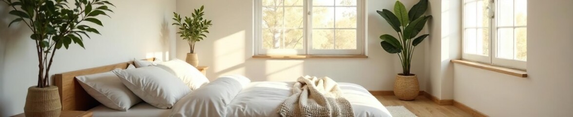 Serene minimalist bedroom with simple decor, natural light streaming through a window, highlighting calm, peaceful atmosphere Perfect for relaxation and mindful living , rest, serene, spartan design