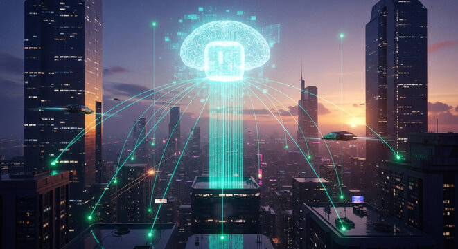 Futuristic cityscape with glowing digital cloud network connecting skyscrapers and flying vehicles under a vibrant sunset sky.