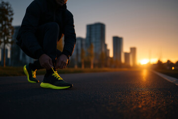 This image symbolizes dedication and the start of a new challenge. It captures the quiet focus of an athlete preparing to run, with the dawn representing new beginnings and determination.