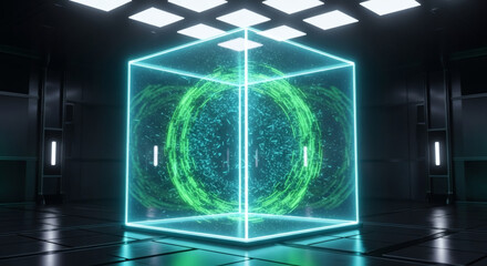 A glowing neon cube encases a swirling vortex of green energy and light, set within a futuristic, dark, and metallic chamber with illuminated ceiling panels.
