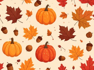 Autumn seamless pattern with pumpkins and leaves