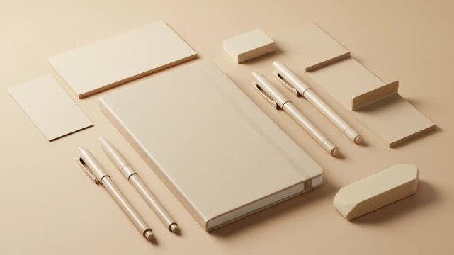 Beige stationery set with pens notebook erasers  blank cards arranged on a matching surface