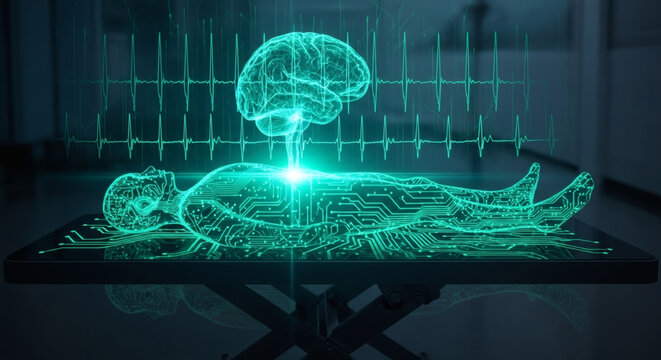 Holographic projection of a human body and brain displaying intricate digital circuitry and vital signs on a futuristic medical table.