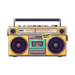 Fototapeta premium Retro Yellow Boombox Illustration with Cassette Tape and Beach Party Sticker, Transparent Background