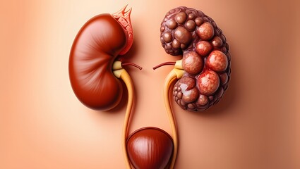 Cystic Kidney Disease or CKD as a comparison between a healthy kidney and one affected by polycystic illness with cysts as abnormalities in the urinary system anatomy. 