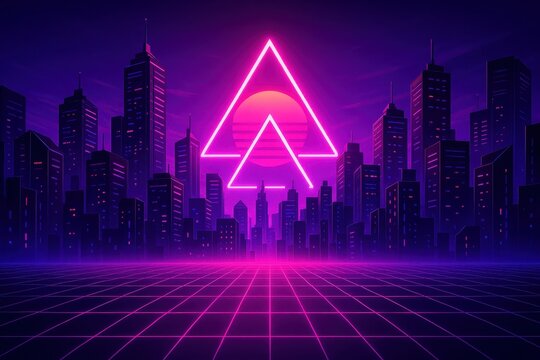 Synthwave neon cityscape with retro geometric shapes and cyberpunk aesthetic design