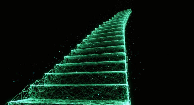 A glowing, ethereal staircase made of interconnected lines and particles ascends into the darkness, suggesting a digital or abstract pathway.