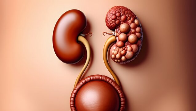 Cystic Kidney Disease or CKD as a comparison between a healthy kidney and one affected by polycystic illness with cysts as abnormalities in the urinary system anatomy. 