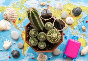 Global travel planning with map, cacti, and seashells