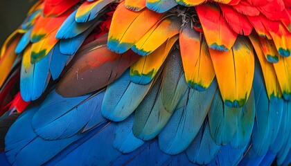 Obraz premium d colorful feathers of a parrot with a red and yellow beak