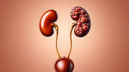 Cystic Kidney Disease or CKD as a comparison between a healthy kidney and one affected by polycystic illness with cysts as abnormalities in the urinary system anatomy. 