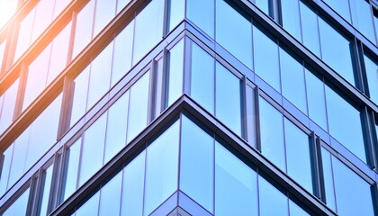 Sunlight reflecting on the corner facade of a modern glass and steel skyscraper, showcasing contemporary architectural details and design