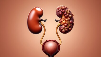 Cystic Kidney Disease or CKD as a comparison between a healthy kidney and one affected by polycystic illness with cysts as abnormalities in the urinary system anatomy. 