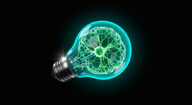 A glowing incandescent light bulb contains a vibrant, intricate neural network, symbolizing innovation and bright ideas against a dark background.