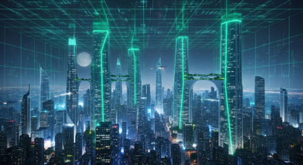 Futuristic cityscape with glowing green data streams connecting towering skyscrapers under a luminous moonlit sky.