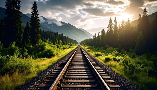 Railroad track vanishing point through forest mountain landscape at sunset