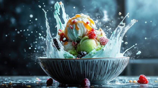 A bowl of ice cream with a splash of milk