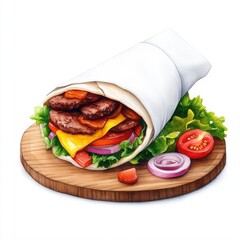 Tasty Wrap with Fresh Vegetables and Savory Meat on Wooden Board