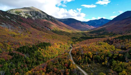 Naklejka premium Scenic vista of vibrant foliage in mountainous valley during autumn day
