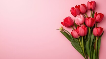 Vibrant Bouquet of Red and Pink Tulips on Soft Pink Background