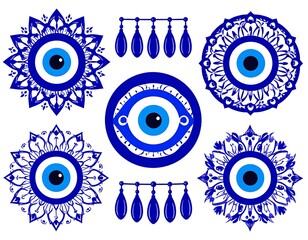 Collection of Evil Eye symbols with decorative frames