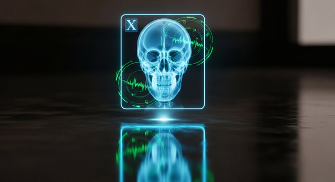 A futuristic holographic display showcases a glowing blue X-ray of a human skull, surrounded by digital waveform graphics and a subtle glow.