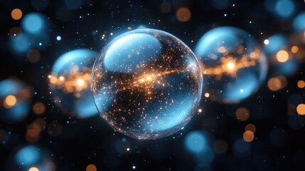 Abstract digital artwork featuring glowing interconnected network within spheres representing
