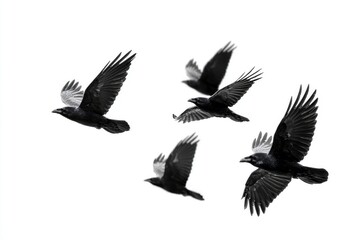 Obraz premium Five black crows in flight against a white background wings outstretched