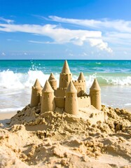 Sandy castle on a sunny beach