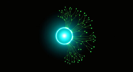 A glowing cyan orb radiates interconnected green tendrils and small glowing nodes, suggesting a neural network or organic growth against a dark background.
