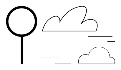 Abstract magnifying glass beside two cloud shapes and horizontal wind lines. Ideal for weather, search, simplicity, concept, sky, minimal design, simple landing page