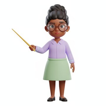 3D Cartoon Female Teacher Pointing with Stick Seriously