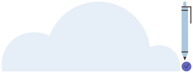 Blue cloud with pen and checkmark, representing data storage, creativity, completion, verification, digital workflow. Ideal for teamwork, innovation, productivity cloud systems approvals digital