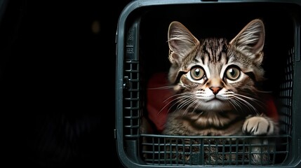 Adorable tabby kitten with big eyes in a black basket against dark background