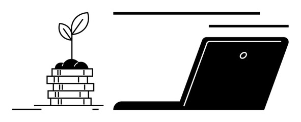 Coin stack with sprouting plant symbolizing growth alongside a laptop representing technology and innovation. Ideal for finance, sustainability, startups, eco-business, investment, technology