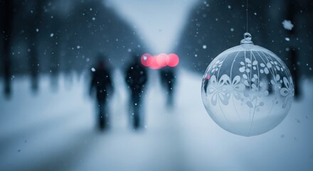 Fototapeta premium Winters Embrace - A Christmas Ornament in a Snowy Landscape.