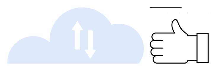 Cloud with upload and download arrows next to a thumbs up symbol. Ideal for technology, cloud computing, data transfer, approval process, online storage, connectivity, and simple landing page