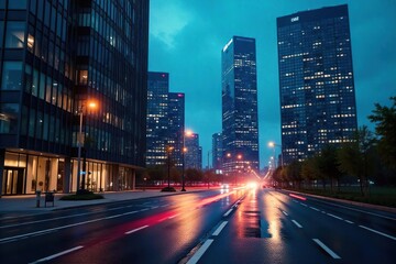 Sleek, modern metro office buildings reflecting city lights at night Perfect for corporate, real estate, and urban development projects , glass, window