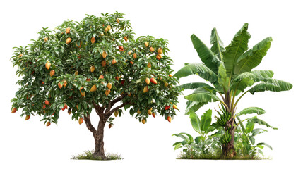 Mango tree and banana tree displayed together with fruits on transparent background