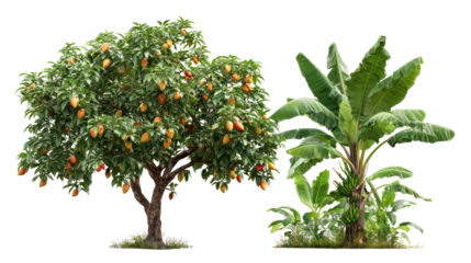 Mango tree and banana tree displayed together with fruits on transparent background