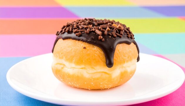 Chocolate frosted donut on white plate - Powered by Adobe