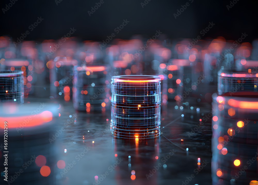 Aufkleber 3d render technology, data transfer, database, llm, arge language model concep. abstract background