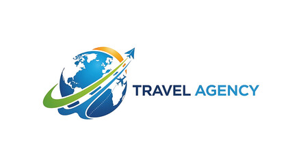 Global travel agency logo with globe and airplane icon symbolizing worldwide journeys.