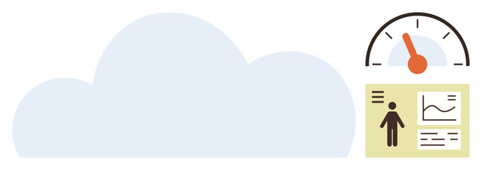 Large cloud with graphics of speedometer and data charts showing analytics, performance tracking, and monitoring. Ideal for technology, cloud computing, data management, business, optimization