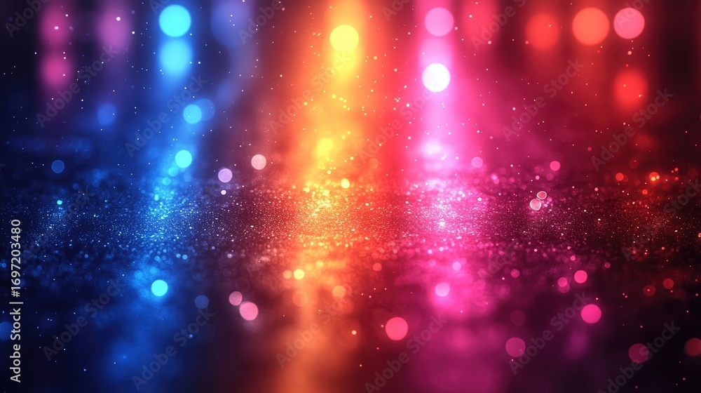 Poster colorful abstract background with bokeh lights and sparkling particles glowing and creating an